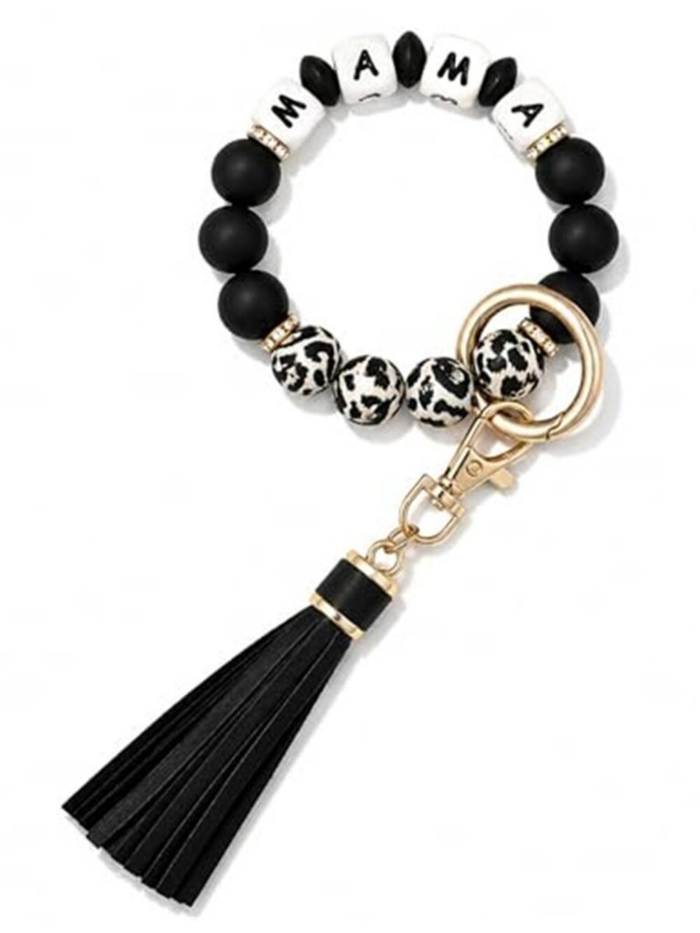 Mama Animal Print Silicone Beaded Bracelet Keychain Wristlet Key Ring Bangle